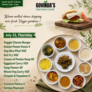 Warm melted cheese dripping over fresh Veggie goodness !

July 23, Thursday 

Veggie Cheese Burger 
Italian Penne Pasta V
Veg Rice Pilaf VGF
Dal Fry VGF
Cream of Potato Soup GF
Eggplant Curry VGF
Saag Paneer GF
Mixed Veg Curry VGF
Chapati & Papadam V

Coconut Halava V
Semiya Payasam

#houstonresturant 
#houstonrestaurants 
#veggieburger 
#houstoneats 
#visithouston